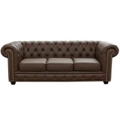 Sofá 3 Lugares Sala de Estar 235cm Chesterfield Pés Madeira Couro Capu