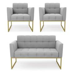 Kit 1 Sofá Namoradeira E 2 Poltronas Elisa Suede Cinza Base Metálica Industrial Dourada D`rossi
