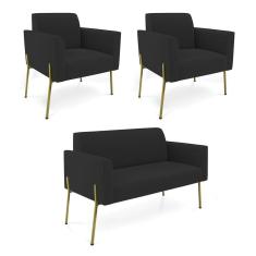 Sofá Namoradeira 2 Poltronas Pé De Ferro Dourado Marisa Veludo Preto D03