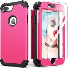 IDweel Capa para iPhone 8 Plus, capa para iPhone 7 Plus com protetor de tela de vidro temperado, 3 em 1, à prova de choque, fina, híbrida, resistente, rígida, capa de silicone macio, capa de corpo