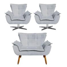 Kit Namoradeira e 2 Poltronas Giratórias Cromada Opla Suede Cinza - Ib