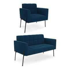 Sofá Namoradeira E Poltrona Pé Ferro Pto Elisa Bouclê D03 - D'rossi Cor Azul