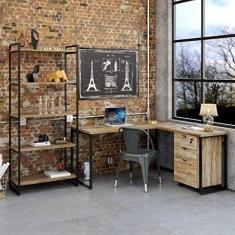 Conjunto Home Office Industrial 3 Peças 1 Escrivaninha em L 1 Estante e 1 Gaveteiro Compace Carvalho