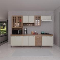 Armário de Cozinha Modulada Completa Fidelitá Paris 5 Peças 260cm 13 Portas 3 Gavetas Com Tampo Nogal/Salinas