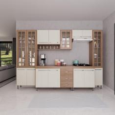 Armário de Cozinha Modulada Completa Fidelitá Paris 6 Peças 295cm 15 Portas 3 Gavetas Com Tampo Nogal/Salinas