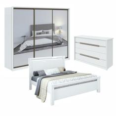 Quarto com Guarda-Roupa 3 Espelhos 3 Portas 6 Gavetas, Cômoda Urban 8 Gavetas e Cama Reali Branco