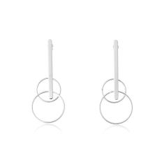 Brinco Com Fio E Dois Círculos Vazados Folheado Em Ródio Branco [F027]