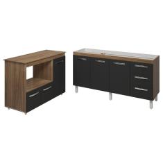 Balcão Cozinha Armário Gabinete De Pia 160 Cm Estela E Balcão Para Microondas E Forno Elétrico Lilian Savana Preto