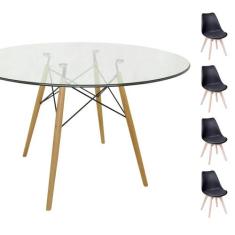 Conjunto Mesa Eames Eiffel Redonda Vidro 90cm + 4 Cadeiras Saarinen Wo
