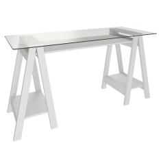 Mesa Escrivaninha 150cm Pés Cavalete Tampo De Vidro Cris A06 Branco - Mpozenato