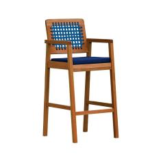 Banqueta Alta Garden Rústico Madeira Maciça Assento Estofado Tecido Natural Azul Decorise