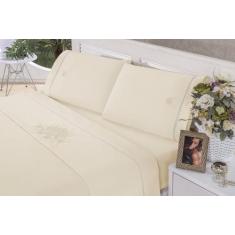 Jogo de lençol Queen Bordado Crivo 4 peças Percal Palha - Nathalia Enx