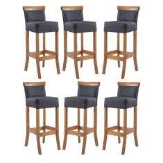 Kit 6 Banquetas Alta em Madeira Diamantina Estofada Linho Cinza L67 RM
