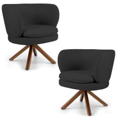 Kit 2 Poltronas Decorativas Melissa Base Giromad Giratória Linho D-465 Chumbo Domi Móveis