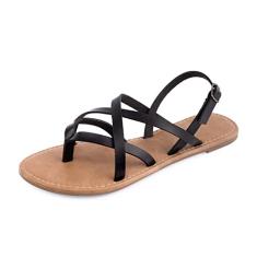 Sandália feminina gladiadora rasteira pescador com tiras e tira no tornozelo, Preto, 34