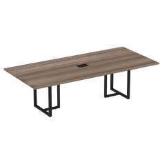 Mesa De Reunião Com Caixa De Tomada Retangular 260 X 120 Cm Pé Tubular Pe25 Em Mdp Walnut Base Preto
