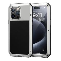 Lanhiem Capa de metal para iPhone 15 Pro, capa resistente à prova de choque resistente com protetor de tela de vidro integrado, capa protetora à prova de poeira de corpo inteiro 360 para iPhone 15 Pro