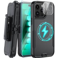 muitq Capa magnética para iPhone 15 Pro Max, [compatível com MagSafe] [coldre com clipe de cinto], com 2 películas de vidro + 1 proteção de lente, capa de telefone para Apple iPhone 15 Pro Max de 6,7