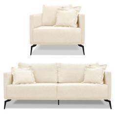 Kit Poltrona e Sofá Living 2 Lugares 1,60m Sirius Linho Pés Metálicos 