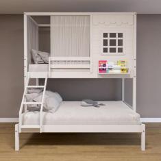 Beliche Casinha Reta Casal/ Solteiro com Cortina Madeira Maciça Branco