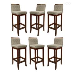 Kit 6 Banquetas Alta de Madeira Maciça Nice com Encosto Matelassê Sued