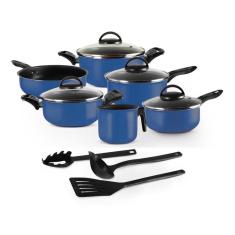 Conjunto De Panelas Kit 09 Peças Azul Com Tampa De Vidro