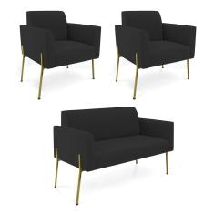 Sofá Namoradeira 2 Poltronas Pé De Ferro Dourado Marisa Veludo Preto D03