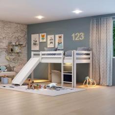 Cama Alta Kids com Escorregador em Madeira Maciça - Branca - Arbol Mov