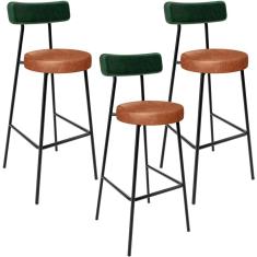 Kit 03 Banquetas Alta Bar Cozinha Sala Jantar Milão L02 Facto Verde Couríssimo Camel - Lyam Decor