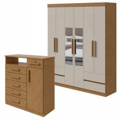 Conjunto de Guarda-Roupa 6 Portas 4 Gavetas Zeus com Espelho e Cômoda com Nicho Da Vinci Amêndoa Clean/Off White