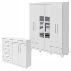 Conjunto de Guarda-Roupa 6 Portas 4 Gavetas Zeus com Espelho e com Pés e Cômoda Toronto Branco