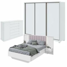 Quarto com Guarda-Roupa Casal 3 Portas  6 Gavetas, Cômoda 2 Portas 7 Gavetas e Cama Solaris Branco