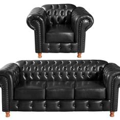 Conjunto De Sofá 3 Lugares E 1 Poltrona Chesterfield Luís Xv Preto