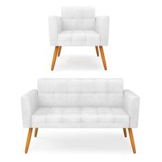 Kit 1 Sofá Namoradeira E 1 Poltrona Elisa Corano Pés Palito Castanho - D`rossi Cor Branco