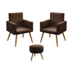 Kit 2 Poltronas Nina Com Puff Solar Para Sala de Estar Couro Artificia