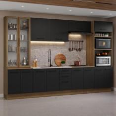 Armário de Cozinha Completa 340cm Rustic/Preto Agata Madesa 01, Rustic