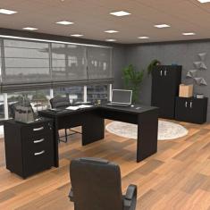 Conjunto 4 Peças com Mesa para Escritório em L, Gaveteiro e 2 Armários