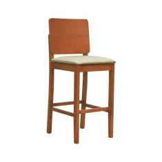 Banqueta Alta Bistrô Quéops Madeira Maciça Encosto Anatômico - Amêndoa Assento Estofado Linho Bege