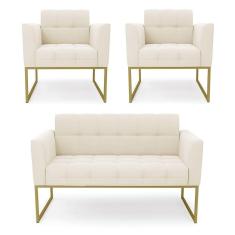 Kit 1 Sofá Namoradeira E 2 Poltronas Elisa Veludo Bege Base Metálica Industrial Dourado - D`rossi