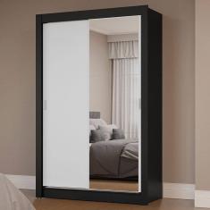 Guarda-Roupa Solteiro 2 Portas de Correr com Espelho Preto/Branco Milano Madesa