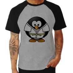 Camiseta Raglan Pinguim Judô - Foca na Moda, Cinza, Preto, GG
