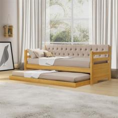 Sofá Cama Solteiro Verona Imbuia Estofado Capitonê Veludo Bege com Cam