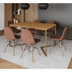 Mesa Industrial Retangular Canela Base V Dourada 137x90cm C/ 6 Cadeiras Madeira Estofadas Caramelo