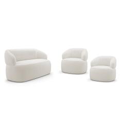 Kit 02 Poltronas Giratória e 01 Sofá Orgânico Glee 02 Lugares 140cm Bouclê Off White - Desk Design