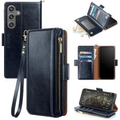 Antsturdy Capa carteira compatível com Samsung Galaxy S24 FE 5G com porta-cartões mulheres homens capa protetora de couro PU bloqueio RFID alça de pulso zíper compartimentos para cartão de crédito