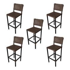 Kit 5 Banquetas Alta com Encosto Bistrô Corda Naútica Base Aluminio Fr