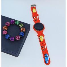 Kit Relógio Infantil Digital Led Branco Redondo Pulseira Silicone Desenho Animado 3D + Pulseira Miçangas Esportes Menino