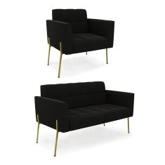 Sofá Namoradeira E Poltrona Pé De Ferro Dourado Elisa Suede D03 - D'rossi Cor Preto