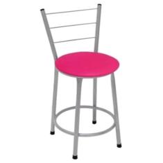 Banqueta Baixa Prata com Encosto para Cozinha Assento Rosa - Fortmix
