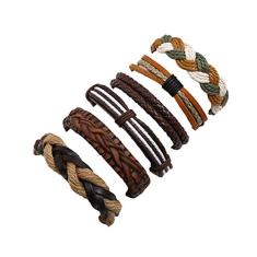 Fantakit Pulseira de couro vintage feita à mão com corda de cânhamo para mulheres e homens conjunto de pulseiras ajustáveis 6 peças